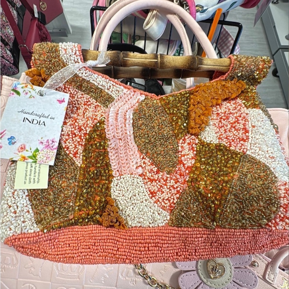 Handcrafted Beaded Women’s clutch Bag - Pink, Coral & Gold